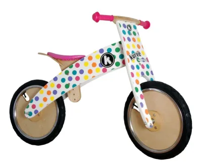 Біговел 12" Kiddimoto Kurve дерев'яний, Білий в кольоровий горошек