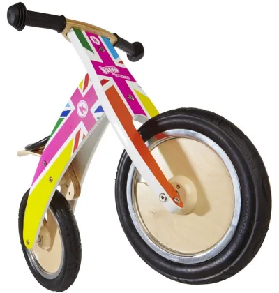 Біговел 12" Kiddimoto Kurve дерев'яний, британський флаг в цветах радуги