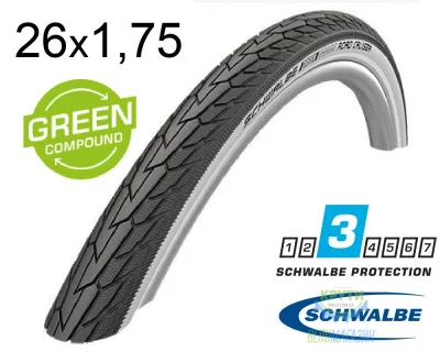 Покришка 26X1.75 (47-559) Schwalbe Road Cruiser K-Guard Active B/W Hs484 Green, 50 EPI